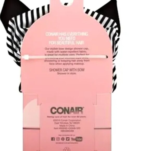 CONAIR SHOWER CAP WITH BOW -BLACK /WHITE STRIPED RUBBER UNISEX ONE SIZE - Picture 4 of 6